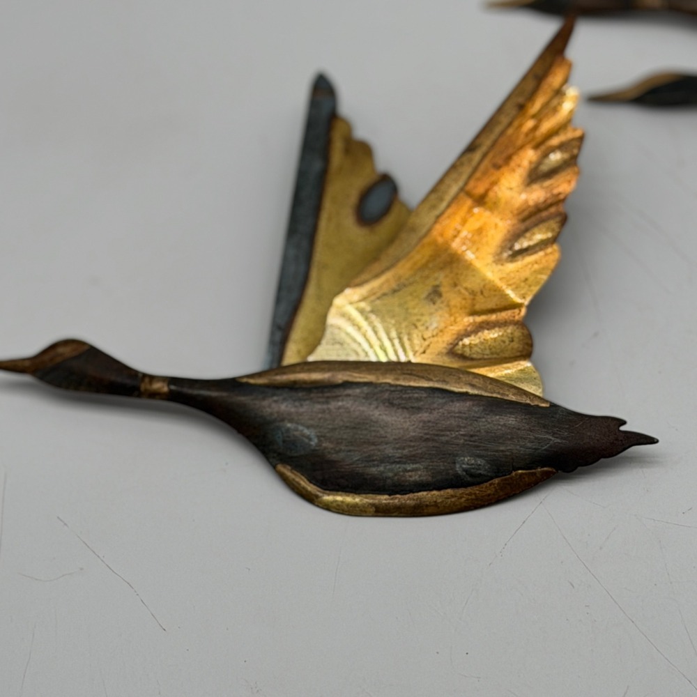 Vintage Mid Century Modern Brutalist Mixed Metal Flying Geese Wall Art Set of 3